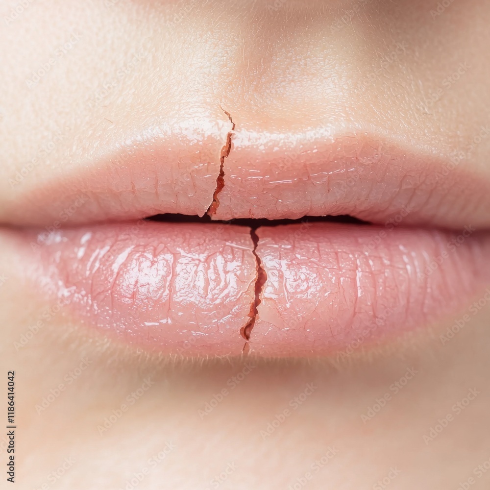 Fototapeta premium health risks symptoms habits.A close-up of cracked lips, showcasing dry skin and visible fine lines, highlighting the need for hydration and lip care.