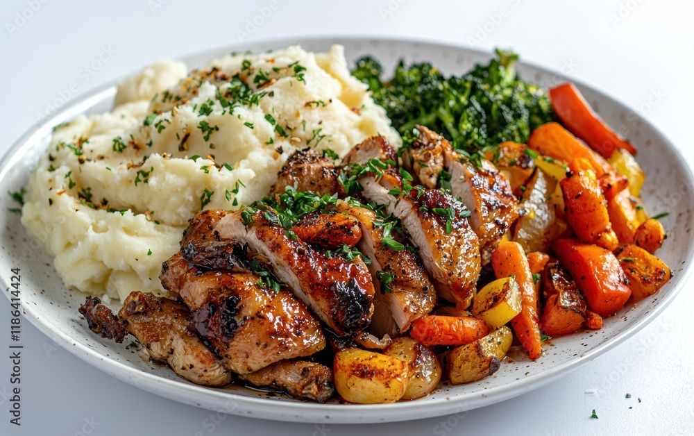 A plate of roasted chicken with vegetables and mashed potatoes on a clean white surface A plate of roasted chicken with vegetables and mashed potatoes on a clean white surface