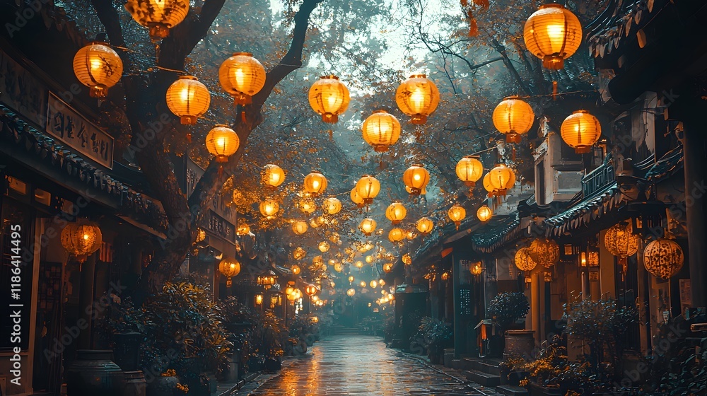 Naklejka premium Enchanting Asian Street at Night Illuminated by Hanging Lanterns Rainy Atmosphere