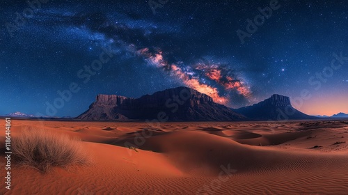 Astrophotography of a vast desert beneath a star-filled night sky, with the Milky Way shining brightly above untouched sand dunes, highlighting the solitude and grandeur of the landscape