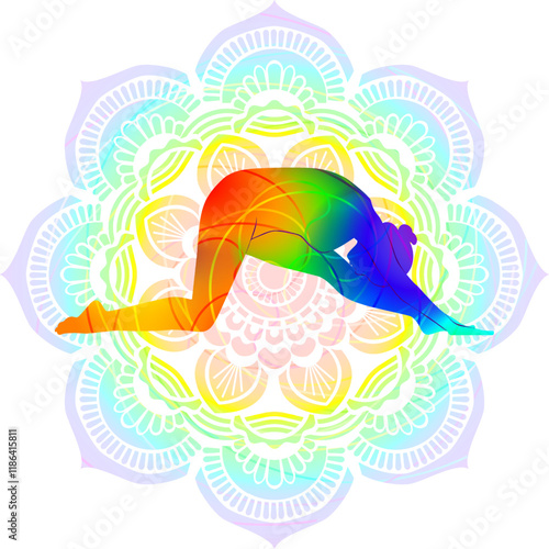 Colorful silhouette of woman practicing Ardha Hanumanasana yoga pose. Half Splits pose or Half Divine Monkey pose. Isolated vector illustration