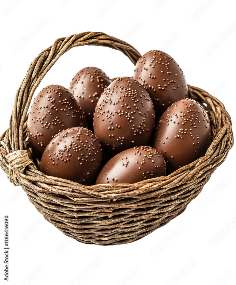 Chocolate Easter eggs in a basket, isolated on transparent png or white background Chocolate Easter eggs in a basket, isolated on transparent png or white background