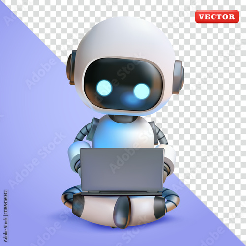 Robot working with laptop, 3d vector. Suitable for technology, business and design elements