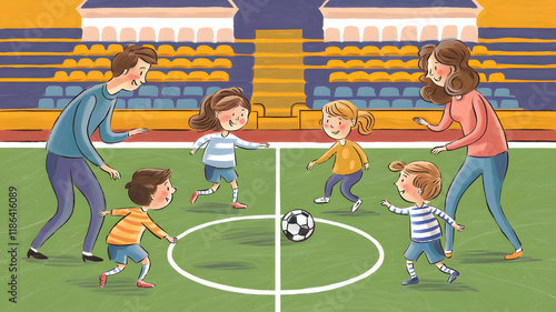 An engaging illustration of a family playing soccer, with parents and children actively enjoying the game on a lush green field, showcasing teamwork and fun. 
