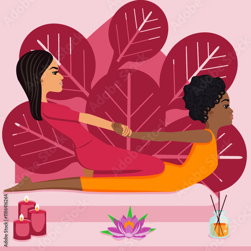 Thai massage. Therapy and treatment by professional therapist in SPA. Isolated flat vector illustration. Eastern and African ethnicity.