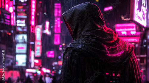 Mystical cyberpunk figure in hooded raincoat gazing at neon city lights in a rainy urban nightscape photo