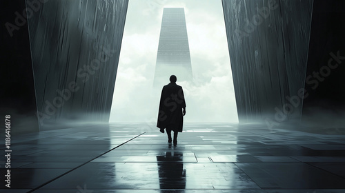 A lone figure walking towards a towering futuristic structure surrounded by misty clouds in a sci-fi setting photo