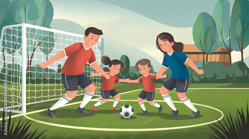 Obraz premium An engaging illustration of a family playing soccer, with parents and children actively enjoying the game on a lush green field, showcasing teamwork and fun. 