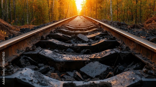 Sunset illuminates railway tracks surrounded by lush trees, creating a serene, picturesque scene. photo