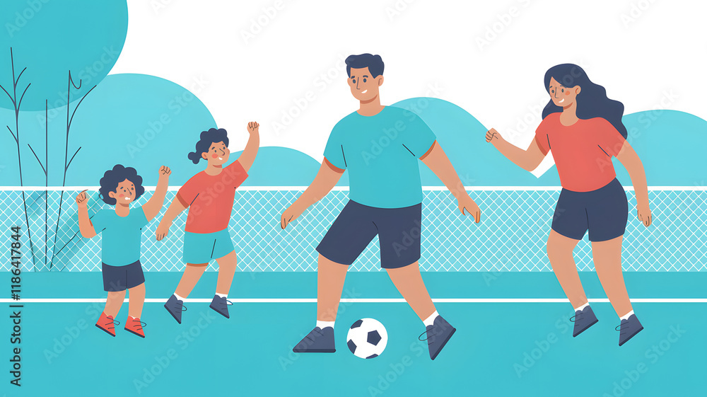 An engaging illustration of a family playing soccer, with parents and children actively enjoying the game on a lush green field, showcasing teamwork and fun. An engaging illustration of a family playing soccer, with parents and children actively enjoying the game on a lush green field, showcasing teamwork and fun.