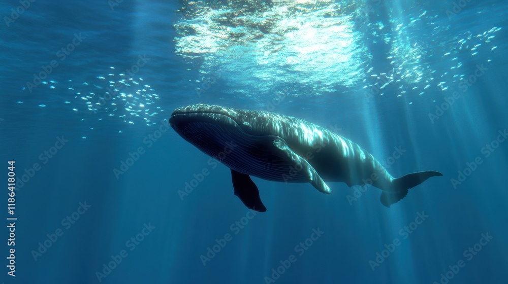 Obraz premium A majestic whale glides effortlessly through azure waters, its colossal form silhouetted against shimmering sunlight in an awe-inspiring oceanic ballet.