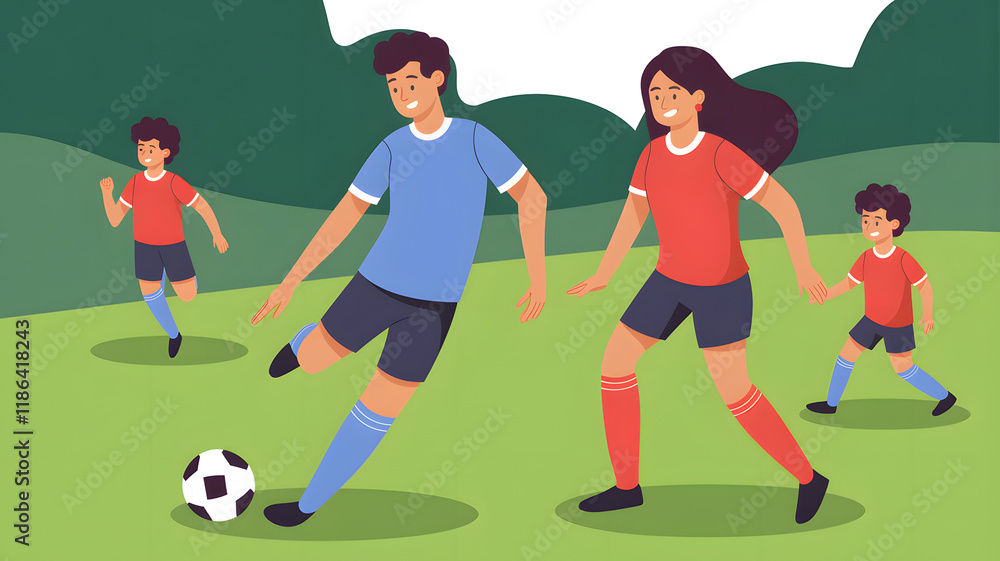 Fototapeta premium An engaging illustration of a family playing soccer, with parents and children actively enjoying the game on a lush green field, showcasing teamwork and fun.