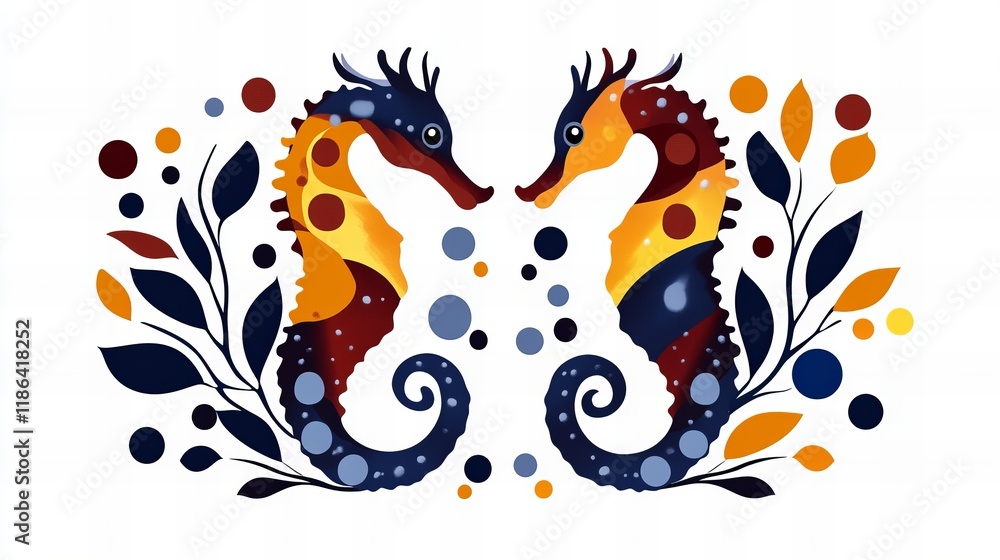 Two whimsical seahorses face each other, adorned with vibrant colors and surrounded by stylized leaves and dots. Two whimsical seahorses face each other, adorned with vibrant colors and surrounded by stylized leaves and dots.