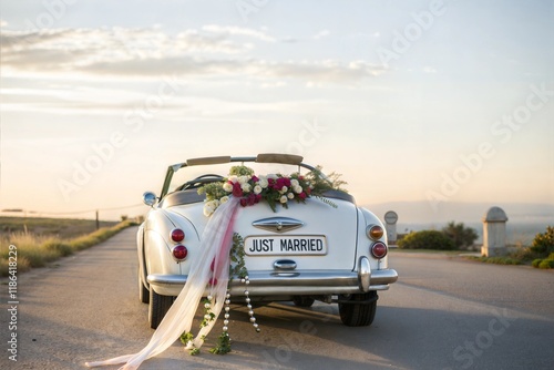 Beautiful wedding car with plate JUST MARRIED photo