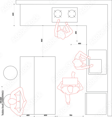 Top view of a kitchen layout with people.  Includes dimensions, making it ideal for architectural plans, interior design projects, and space planning.
