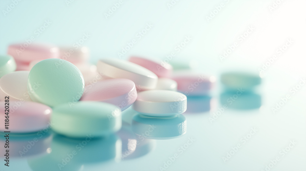 Softly lit close-up of pink and white pills scattered on a reflective surface with a pastel background and glowing bokeh. Softly lit close-up of pink and white pills scattered on a reflective surface with a pastel background and glowing bokeh.