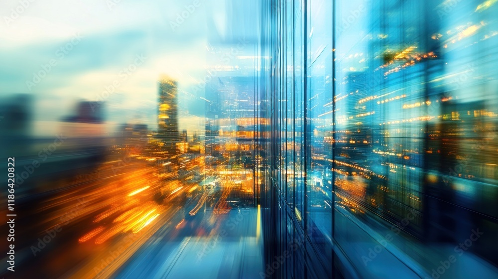 Abstract Cityscape: A Motion Blur of Urban Lights and Glass Reflections Abstract Cityscape: A Motion Blur of Urban Lights and Glass Reflections