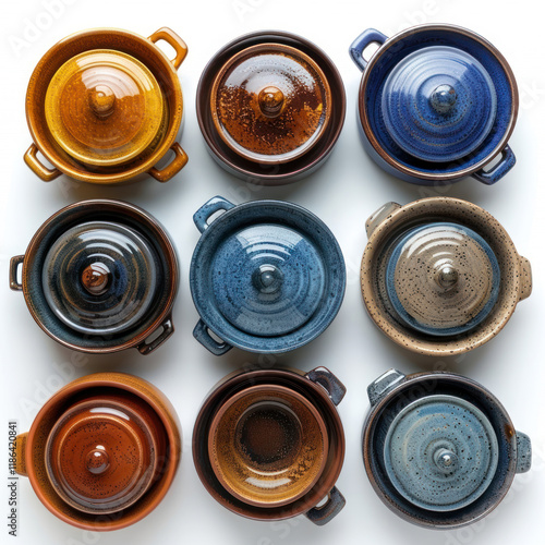 collection of ceramic saucepans with lids, available in a variety of colors and patterns.  photo