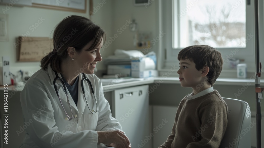 Doctor and Child Consultation: A doctor, with a reassuring smile, sits across from a young boy in an examination room, fostering a sense of trust and comfort during a medical consultation. Doctor and Child Consultation: A doctor, with a reassuring smile, sits across from a young boy in an examination room, fostering a sense of trust and comfort during a medical consultation.