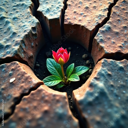 Hypecoum imberbe growing through cracks in stone, Cracks, Botanical photo