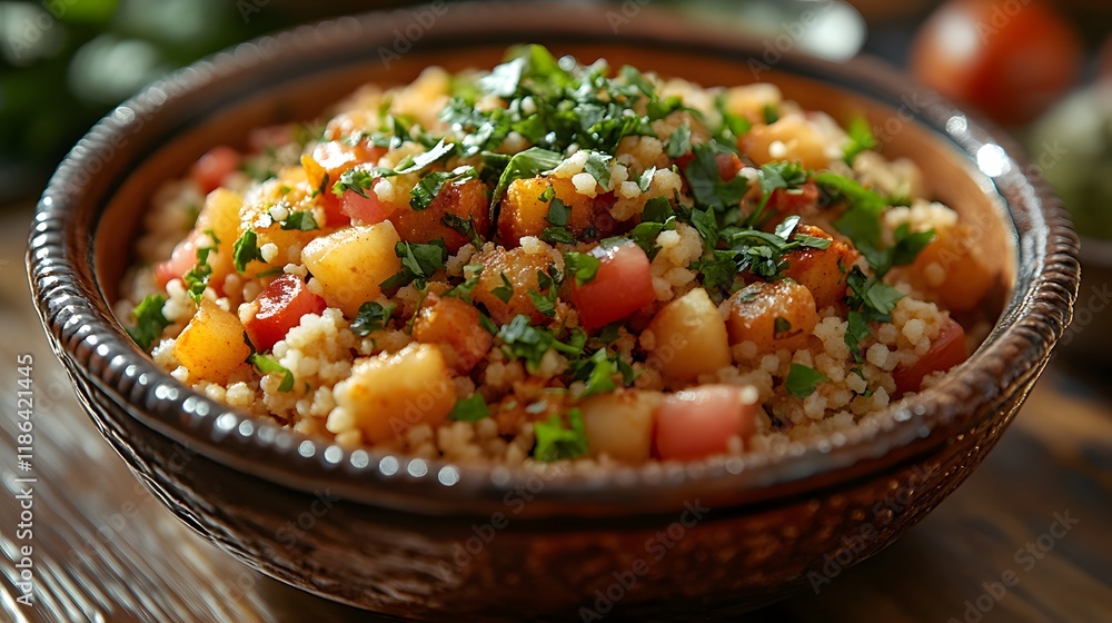 Engage with Moroccan Culinary Creativity Through an Inviting Presentation of Delightful Couscous Enhanced with Fresh Herbs Engage with Moroccan Culinary Creativity Through an Inviting Presentation of Delightful Couscous Enhanced with Fresh Herbs