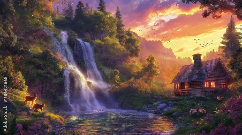 Fototapeta premium Majestic Sunset in a Village with Animals Under a Waterfall, Golden Sunset Illuminating the Village and Cascading Waterfall. Serene Village Sunset with Wildlife Under a Flowing Waterfall. Landscape