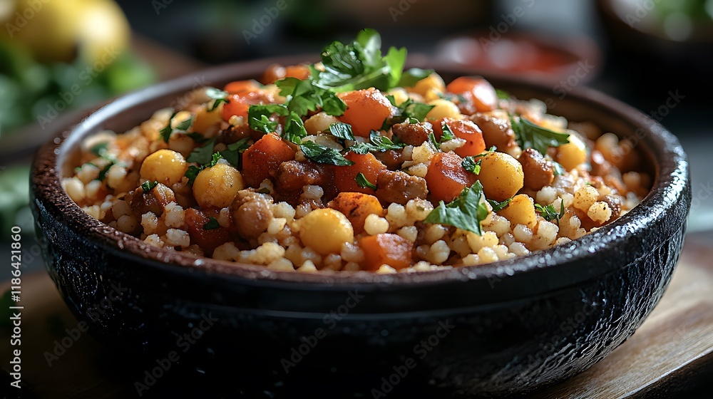 Engage with Moroccan Culinary Creativity Through an Inviting Presentation of Delightful Couscous Enhanced with Fresh Herbs Engage with Moroccan Culinary Creativity Through an Inviting Presentation of Delightful Couscous Enhanced with Fresh Herbs