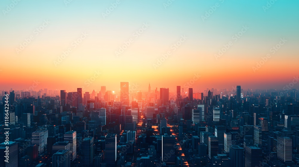 Fototapeta premium Sunset over urban skyline cityscape photography modern architecture twilight viewpoint vibrant atmosphere