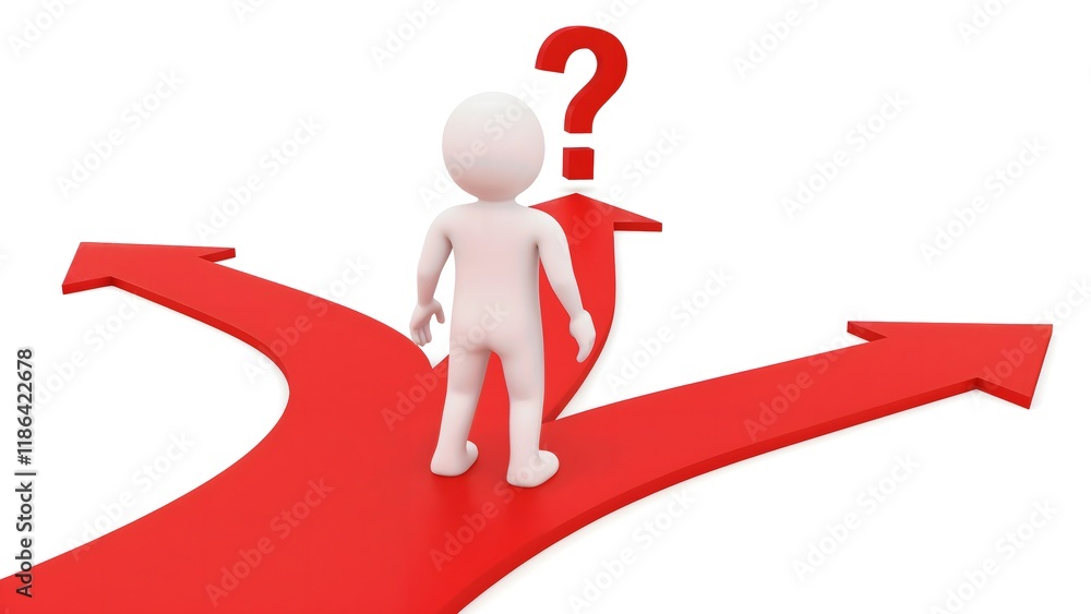 Minimalist 3D figure standing at a red crossroads with question marks, representing decision-making, confusion and life choices in a conceptual design Minimalist 3D figure standing at a red crossroads with question marks, representing decision-making, confusion and life choices in a conceptual design