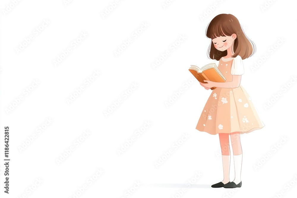 Girl in a cute dress, holding a book, simple joyful moment, solid white background Girl in a cute dress, holding a book, simple joyful moment, solid white background