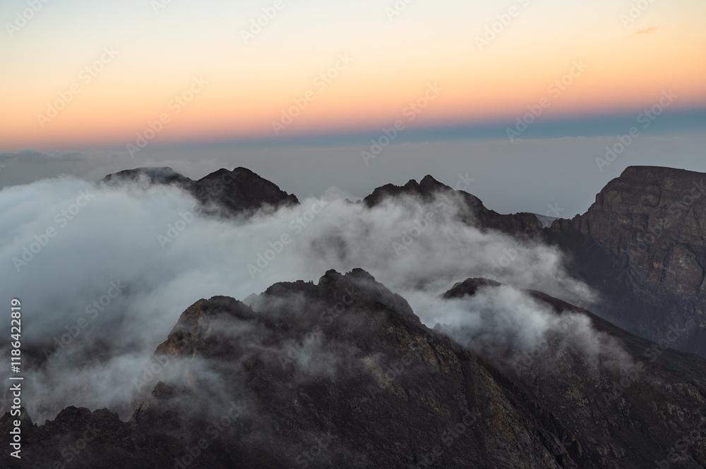Obraz premium Aerial moutain view at the trail to Toubkal, the highest mountain in North Africa.