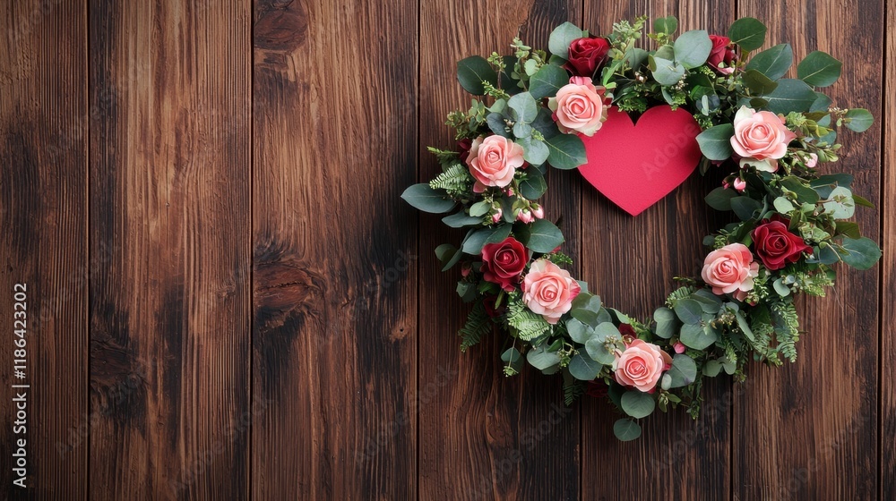 Romantic floral heart wreath on rustic wooden background