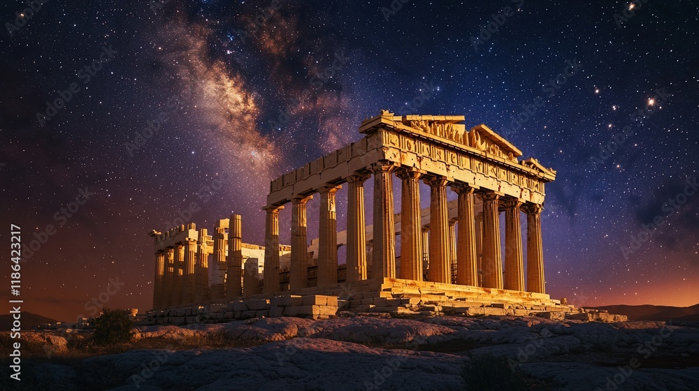 Obraz premium Ancient Greek temple at night under the Milky Way galaxy.