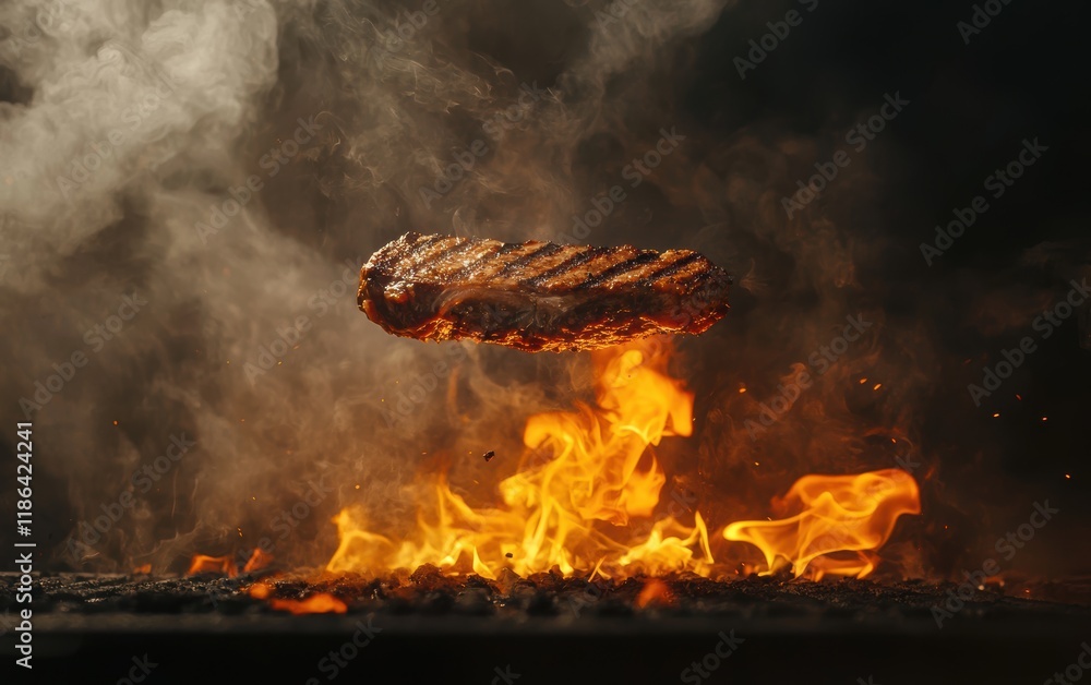 Naklejka premium A sizzling steak with grill marks mid-air, surrounded by smoke and flames on a dark charcoal background