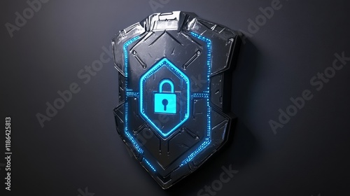 Cybernetic Shield Protecting Digital Data with Glowing Blue Lock on Dark Background. photo