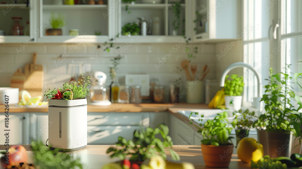 Indoor compost bin in a well-lit kitchen, symbolizing sustainable living through eco-friendly waste management and composting practices. Indoor compost bin in a well-lit kitchen, symbolizing sustainable living through eco-friendly waste management and composting practices.