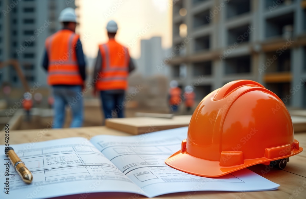 Construction workers review project plans on construction site. Safety plans, blueprints essential for successful project. Experts in architecture, civil engineering collaborate to ensure quality, Construction workers review project plans on construction site. Safety plans, blueprints essential for successful project. Experts in architecture, civil engineering collaborate to ensure quality,