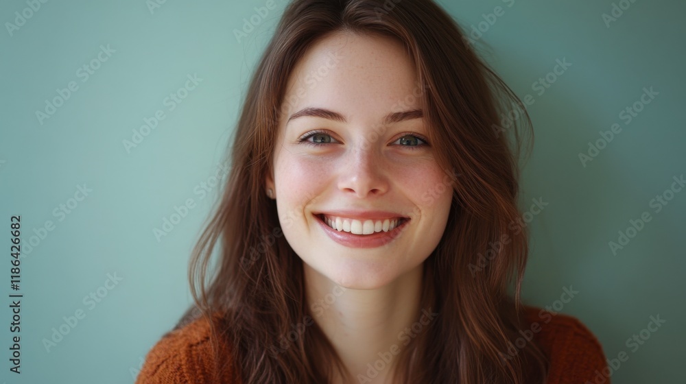 Radiant Smile: A close-up portrait of a young woman with long brown hair and sparkling blue eyes, radiating genuine happiness with a bright smile. Radiant Smile: A close-up portrait of a young woman with long brown hair and sparkling blue eyes, radiating genuine happiness with a bright smile.