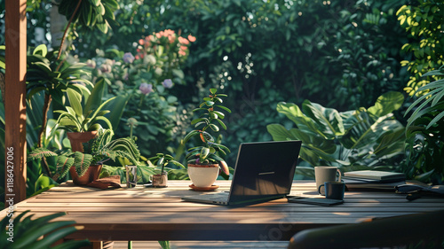 Outdoor desk with a laptop, coffee, and plants, creating a productive and nature-infused work setting.
