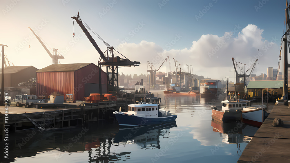 a detailed and realistic image of a harbor environment. a detailed and realistic image of a harbor environment.