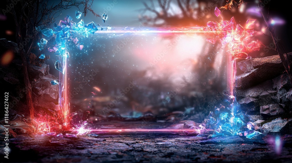 Enchanted Illusion Frame with Glowing Crystals, Captivating Background of Mystical Forest and Rock Path, Perfect for Fantasy and Conceptual Art Projects Enchanted Illusion Frame with Glowing Crystals, Captivating Background of Mystical Forest and Rock Path, Perfect for Fantasy and Conceptual Art Projects