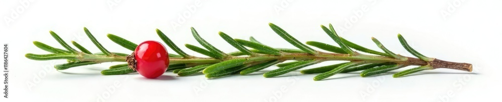 Rosemary sprig with a single red berry on white background, isolated, rosemary, berry Rosemary sprig with a single red berry on white background, isolated, rosemary, berry
