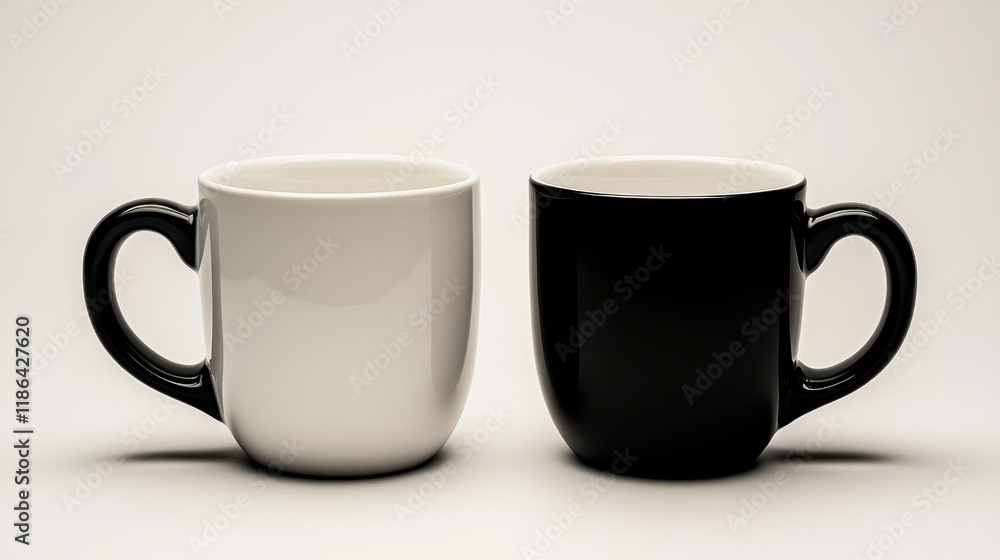 Yin and Yang Mugs: A minimalist image of two mugs, one black and one white, side-by-side, representing contrasting elements or opposing forces. Yin and Yang Mugs: A minimalist image of two mugs, one black and one white, side-by-side, representing contrasting elements or opposing forces.