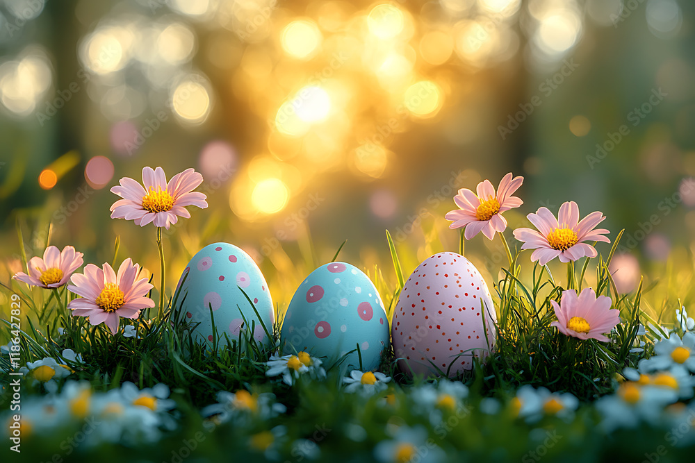 A vibrant Easter-themed background featuring colorful eggs, blooming spring flowers, lush green grass, and soft pastel tones, creating a cheerful and festive atmosphere A vibrant Easter-themed background featuring colorful eggs, blooming spring flowers, lush green grass, and soft pastel tones, creating a cheerful and festive atmosphere