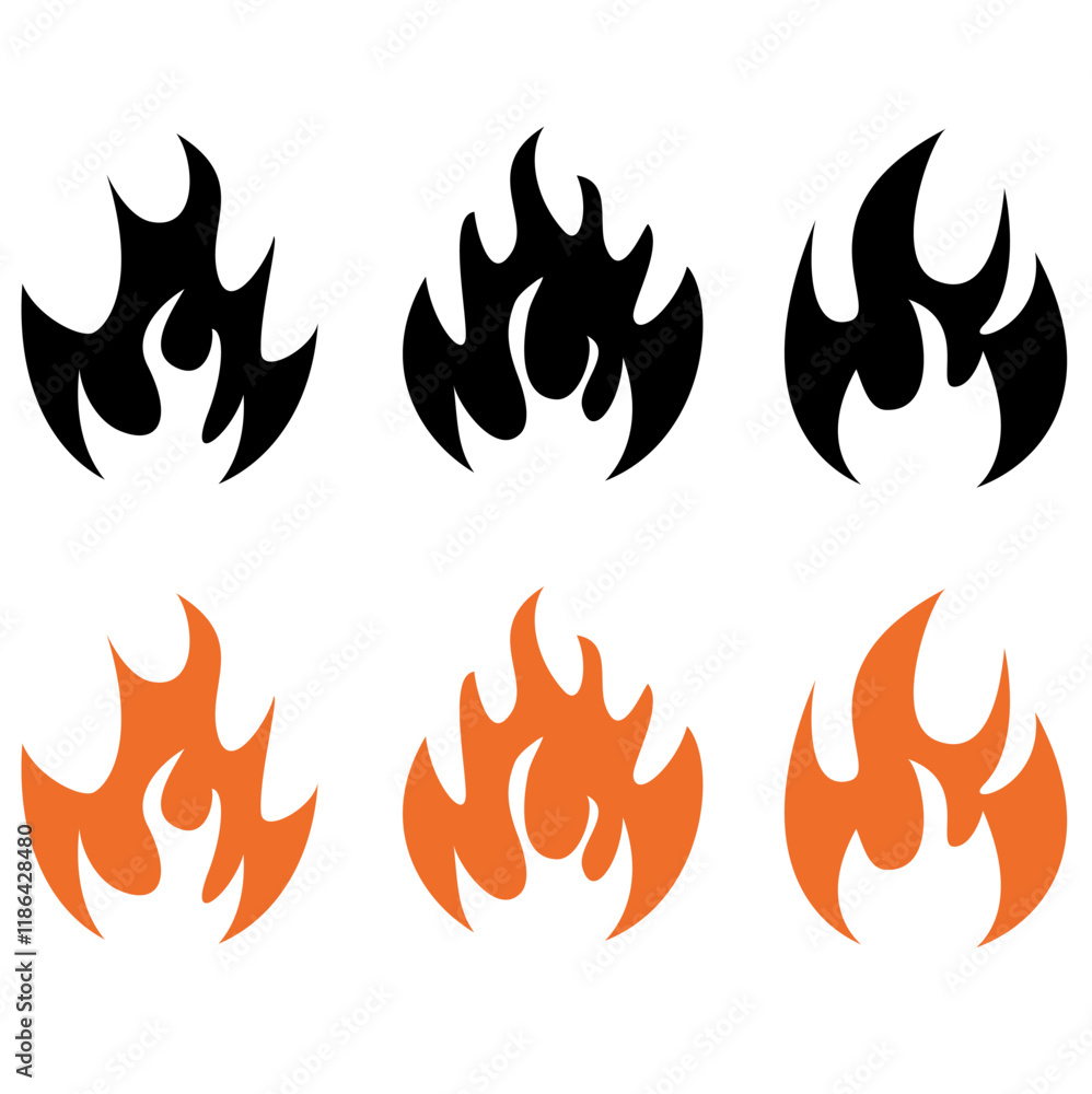 Fire icons set. Black and orange icons. Fire symbol set. Vector illustration. Fire icons set. Black and orange icons. Fire symbol set. Vector illustration.