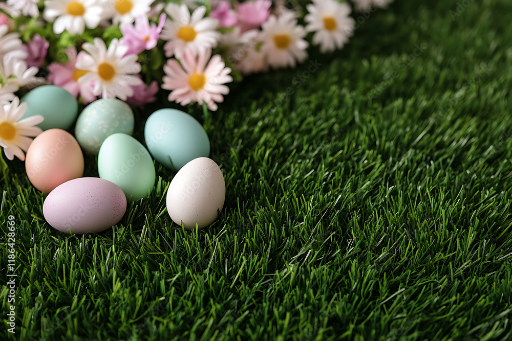 A vibrant Easter-themed background featuring colorful eggs, blooming spring flowers, lush green grass, and soft pastel tones, creating a cheerful and festive atmosphere A vibrant Easter-themed background featuring colorful eggs, blooming spring flowers, lush green grass, and soft pastel tones, creating a cheerful and festive atmosphere