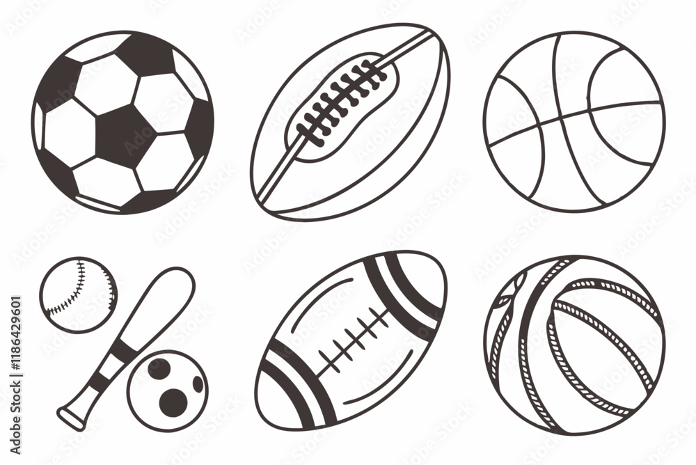 Sports Balls Minimal Flat Line Vector Icon Set. Soccer, Football, Tennis, Golf, Bowling, Basketball, Hockey, Volleyball, Rugby, Pool, Baseball, Ping Pong. Flat Line Design for Vector Graphics. Sports Balls Minimal Flat Line Vector Icon Set. Soccer, Football, Tennis, Golf, Bowling, Basketball, Hockey, Volleyball, Rugby, Pool, Baseball, Ping Pong. Flat Line Design for Vector Graphics.