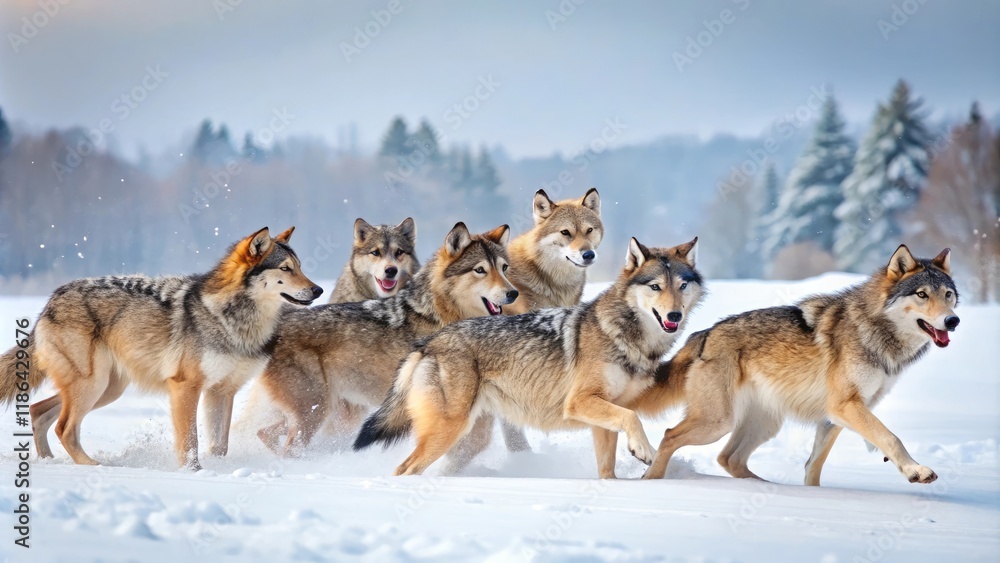 Naklejka premium A group of wolves playing and hunting together in a snowy meadow, wildlife, predator behavior, animals, hunt