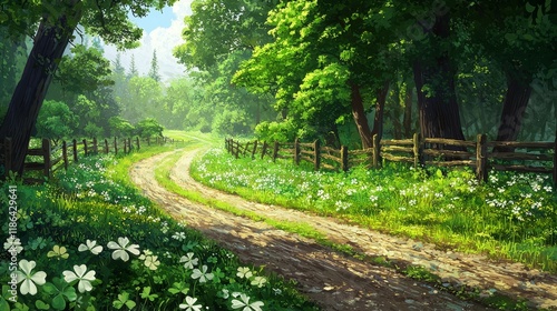 Serene Country Pathway Surrounded by Lush Greenery and Vibrant Wildflowers