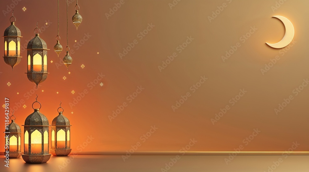 Golden Ramadan Background with Crescent Moon and Illuminated Hanging Lanterns for a Warm Festive Vibe Golden Ramadan Background with Crescent Moon and Illuminated Hanging Lanterns for a Warm Festive Vibe